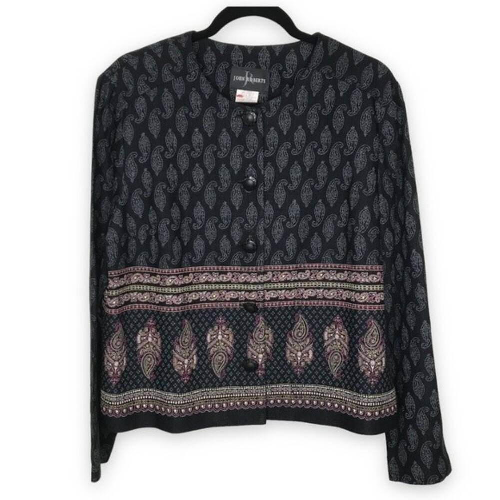 Vintage John Roberts Paisley Back Pleats Buttons Black Boxy Jacket Women's 14
